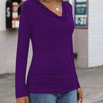 Womens Long Sleeve Ruched Top Slim Fitted Cowl Neck Wrap Shirts with Side Shirring - Nadorine (Us Only)