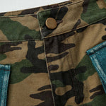 Vintage-style Olive Green Camouflage Denim Workwear Shorts