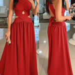 Halter Sleeveless Tied Detail Shirred Criss Cross Flared Dress Glamorous Evening Dress