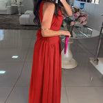Halter Sleeveless Tied Detail Shirred Criss Cross Flared Dress Glamorous Evening Dress