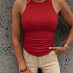 Round Neck Sleeveless Side Ruched Tank Slim Fit Ribbed Racerback Tank Top