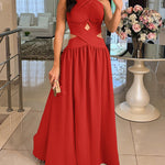 Halter Sleeveless Tied Detail Shirred Criss Cross Flared Dress Glamorous Evening Dress