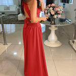 Halter Sleeveless Tied Detail Shirred Criss Cross Flared Dress Glamorous Evening Dress