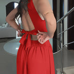 Halter Sleeveless Tied Detail Shirred Criss Cross Flared Dress Glamorous Evening Dress