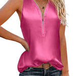 Womens Satin Tops V Neck Silk Tank Top Summer Camisole Sleeveless Blouse Loose Cami Zipper Basic Shirt - Nadorine (Us Only)