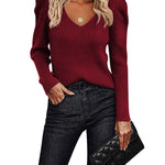 Nadorine V Neck Sweaters Casual Puff Sleeve Pullover Sweater