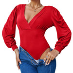 Women Sexy Bodysuits Long Sleeve V Neck Jumpsuits Tops Leotard Shirts - Nadorine (Us Only)