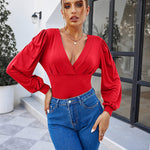 Women Sexy Bodysuits Long Sleeve V Neck Jumpsuits Tops Leotard Shirts - Nadorine (Us Only)