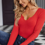 Nadorine Women's long sleeve bodysuit Sexy V Neck Body Suit Double Lined Tops Slim Fit Stretchy Layer Top Classic Jumpsuit