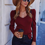 Nadorine V Neck Sweaters Casual Puff Sleeve Pullover Sweater