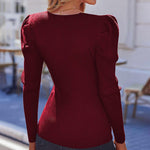 Nadorine V Neck Sweaters Casual Puff Sleeve Pullover Sweater