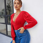 Women Sexy Bodysuits Long Sleeve V Neck Jumpsuits Tops Leotard Shirts - Nadorine (Us Only)
