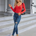 Nadorine Women's long sleeve bodysuit Sexy V Neck Body Suit Double Lined Tops Slim Fit Stretchy Layer Top Classic Jumpsuit