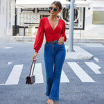 Women Sexy Bodysuits Long Sleeve V Neck Jumpsuits Tops Leotard Shirts - Nadorine (Us Only)