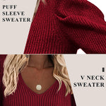 Nadorine V Neck Sweaters Casual Puff Sleeve Pullover Sweater