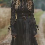 Vintage-style black lace and mesh paneling maxi dress（Includes belt）