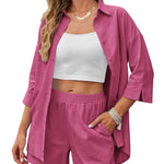 Linen Shirt Elastic Waist Casual Shorts Set - Nadorine (Us Only)