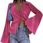 Women's Deep V Neck Shirt Button Front Blouse Bell Long Sleeve Tops - Nadorine (Us Only)