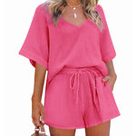 Women's 2 Piece Cotton Linen Tracksuit Short Sleeve Casual Shorts Set V Neck Beach Outfits - Nadorine (Us Only)