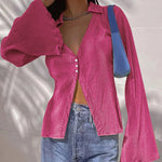 Women's Deep V Neck Shirt Button Front Blouse Bell Long Sleeve Tops - Nadorine (Us Only)