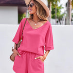 Women's 2 Piece Cotton Linen Tracksuit Short Sleeve Casual Shorts Set V Neck Beach Outfits - Nadorine (Us Only)