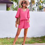 Women's 2 Piece Cotton Linen Tracksuit Short Sleeve Casual Shorts Set V Neck Beach Outfits - Nadorine (Us Only)