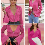 Women's Deep V Neck Shirt Button Front Blouse Bell Long Sleeve Tops - Nadorine (Us Only)