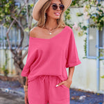 Women's 2 Piece Cotton Linen Tracksuit Short Sleeve Casual Shorts Set V Neck Beach Outfits - Nadorine (Us Only)