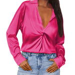 Satin V Neck Twist Front Silk Shirts - Nadorine (Us Only)