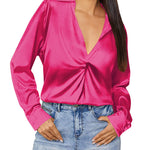 Satin V Neck Twist Front Silk Shirts - Nadorine (Us Only)