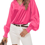 Women's Silk Shirts V Neck Shirred Lantern Sleeve Casual Work Blouse Tunic Tops - Nadorine (Us Only)