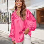 Women's Silk Shirts V Neck Shirred Lantern Sleeve Casual Work Blouse Tunic Tops - Nadorine (Us Only)