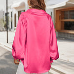 Women's Silk Shirts V Neck Shirred Lantern Sleeve Casual Work Blouse Tunic Tops - Nadorine (Us Only)