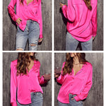 Women's Silk Shirts V Neck Shirred Lantern Sleeve Casual Work Blouse Tunic Tops - Nadorine (Us Only)