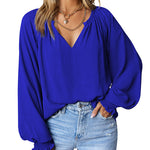 Nadorine Blouses Puff Long Sleeve Pleated V Neck Tunic Tops