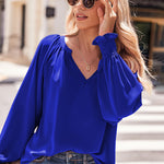 Nadorine Blouses Puff Long Sleeve Pleated V Neck Tunic Tops