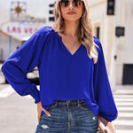 Nadorine Blouses Puff Long Sleeve Pleated V Neck Tunic Tops