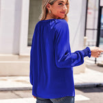Nadorine Blouses Puff Long Sleeve Pleated V Neck Tunic Tops