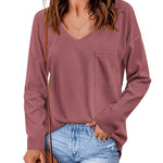 Nadorine Women Waffle Knit Tops Casual Long Sleeve Shirts Solid Color V Neck Shirt