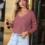 Nadorine Women Waffle Knit Tops Casual Long Sleeve Shirts Solid Color V Neck Shirt