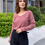 Nadorine Women Waffle Knit Tops Casual Long Sleeve Shirts Solid Color V Neck Shirt