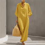 Luciana | Maxi Black Dress with Kimono Sleeves and Buttoned V-Neck