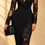 Seraphina | Black tuxedo midi dress with lace sleeves
