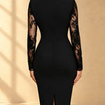 Seraphina | Black tuxedo midi dress with lace sleeves