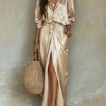 Rosalind | Two-piece satin set with button shirt and tie-waist maxi skirt