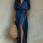 Rosalind | Two-piece satin set with button shirt and tie-waist maxi skirt