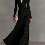 Marguerite | Apricot maxi dress with deep V-neck and long sleeves