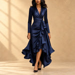 Charlotte | Satin wrap dress with cascading ruffles and long sleeves