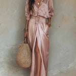 Rosalind | Two-piece satin set with button shirt and tie-waist maxi skirt