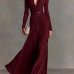 Marguerite | Apricot maxi dress with deep V-neck and long sleeves